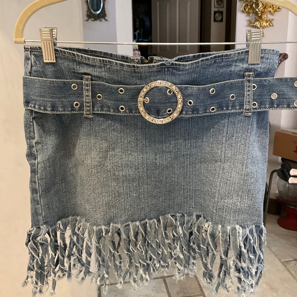 True People Stretch Denim Fringe Mini Skirt Swarovski Crystal Belt Junior Size L